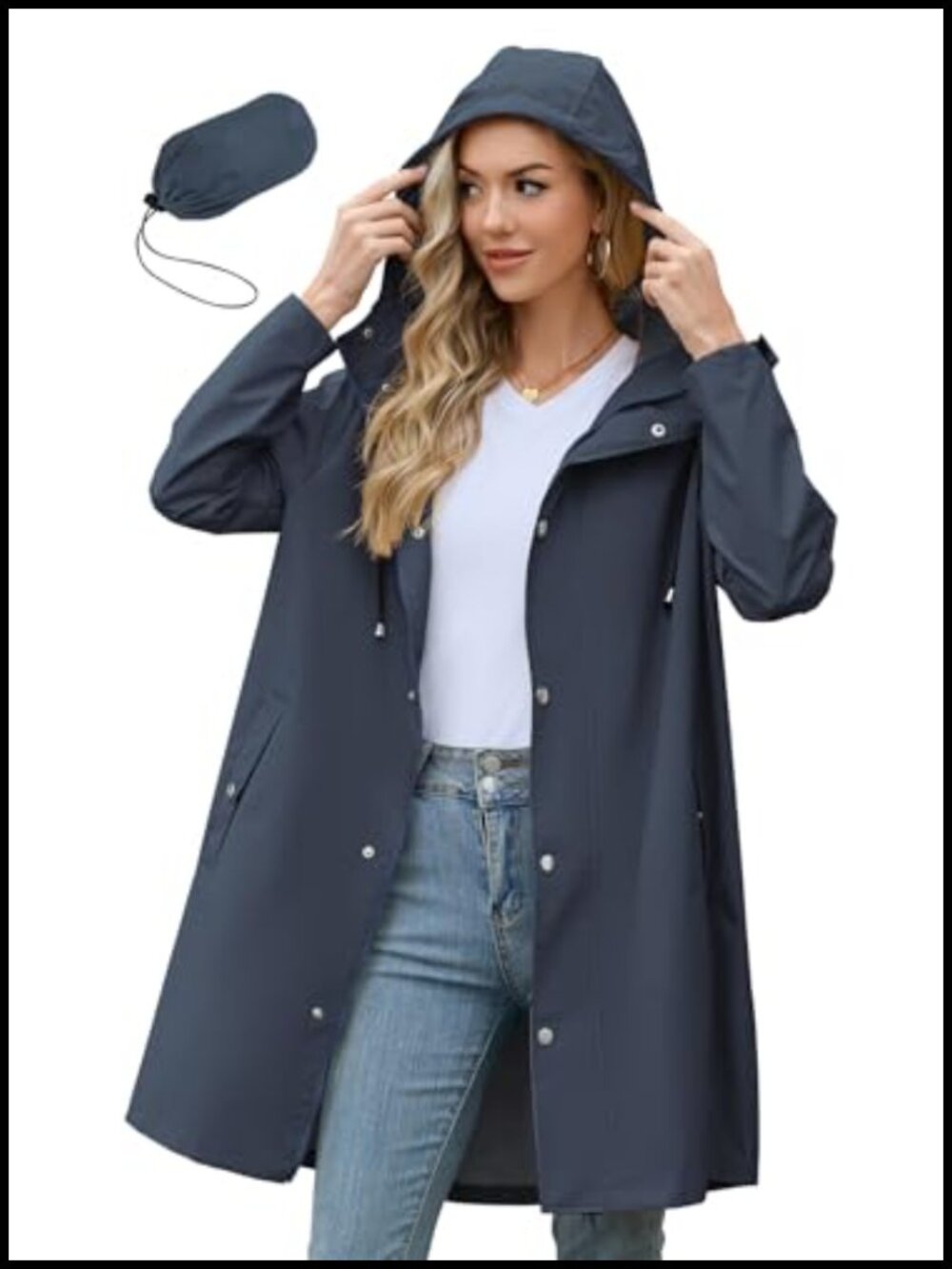 Women's Long Waterproof Rain Jacket Packable Hooded
